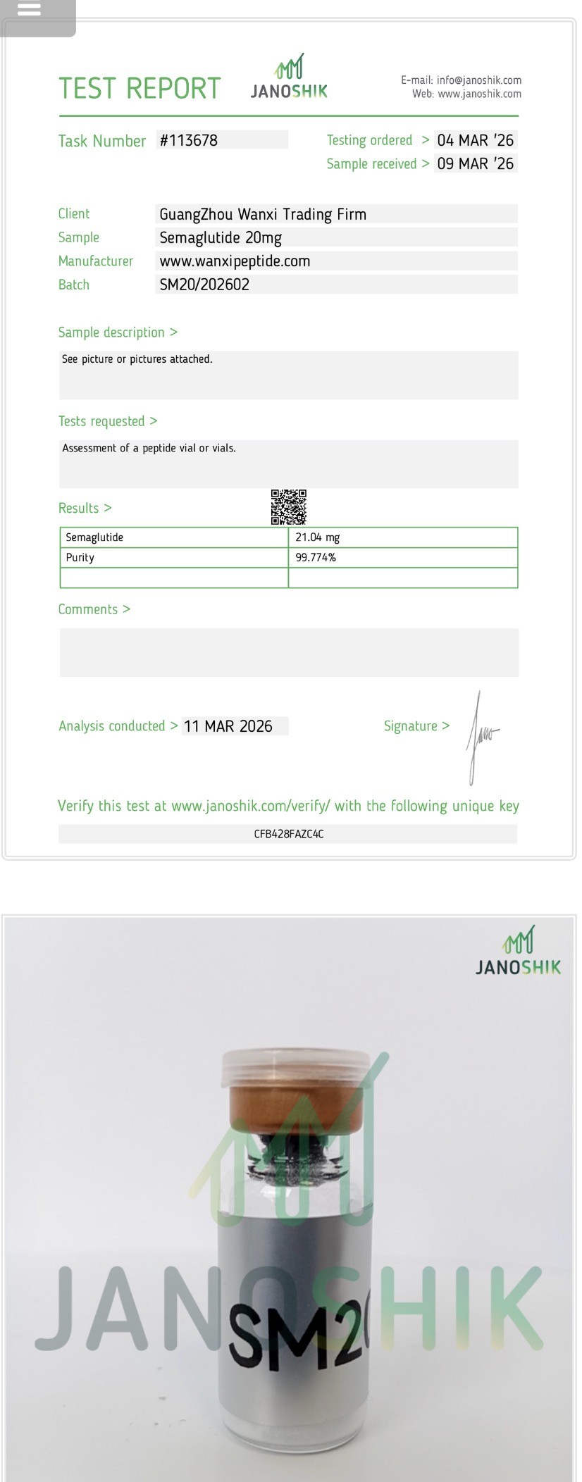 Sema 20mg Test Report — Janoshik, 99.774% purity
